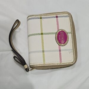 Coach Cream and Pink Plaid Wristlet Clutch
